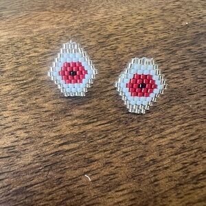 Red and Silver Teardrop Earrings with Intricate Beadwork